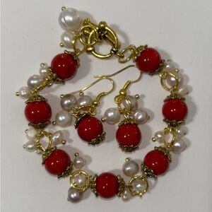 Elegant Red and Gold Pearl Jewelry Set bracelet and earrings